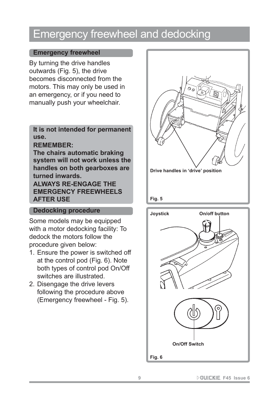 Emergency freewheel and dedocking | Sunrise Medical F45 User Manual | Page 13 / 62