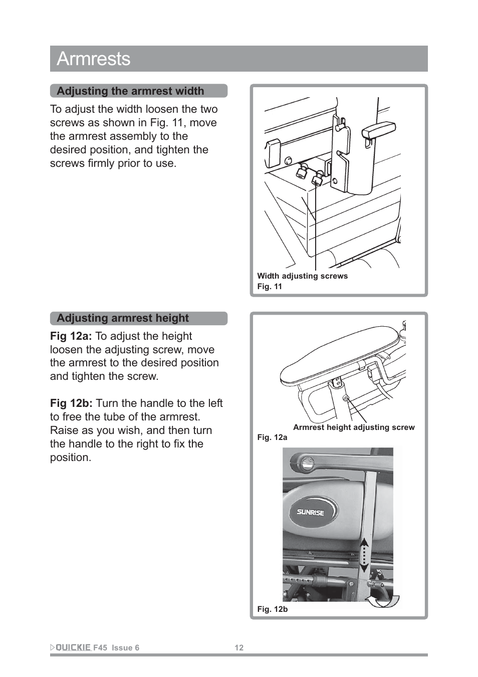 Armrests | Sunrise Medical F45 User Manual | Page 16 / 62