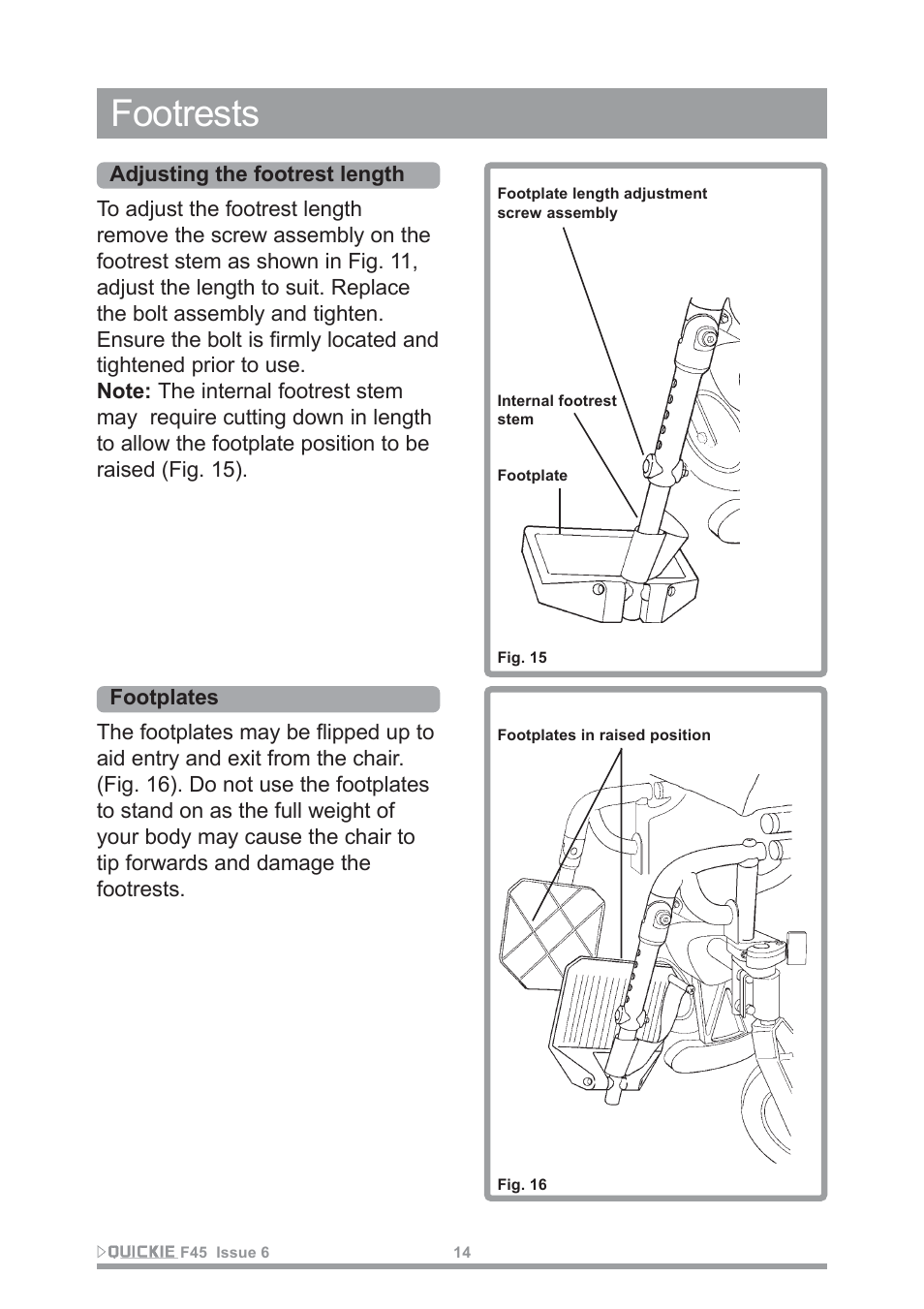 Footrests | Sunrise Medical F45 User Manual | Page 18 / 62