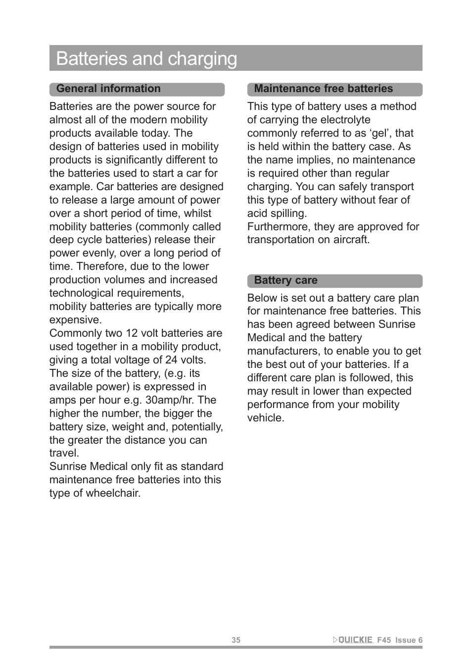 Batteries and charging | Sunrise Medical F45 User Manual | Page 39 / 62