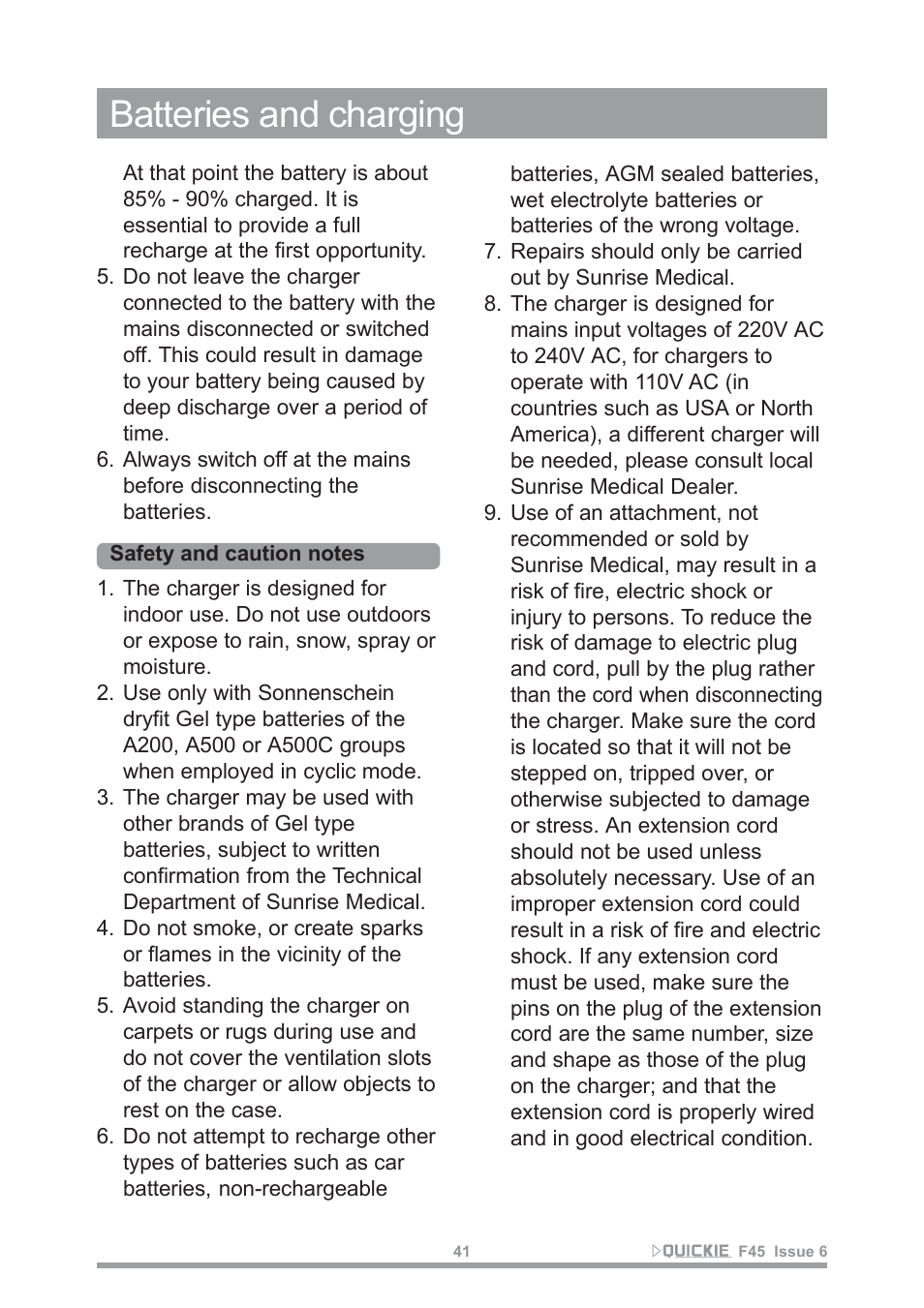 Batteries and charging | Sunrise Medical F45 User Manual | Page 45 / 62
