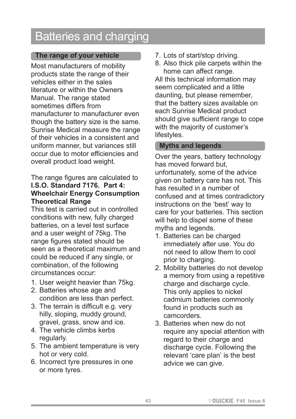 Batteries and charging | Sunrise Medical F45 User Manual | Page 47 / 62