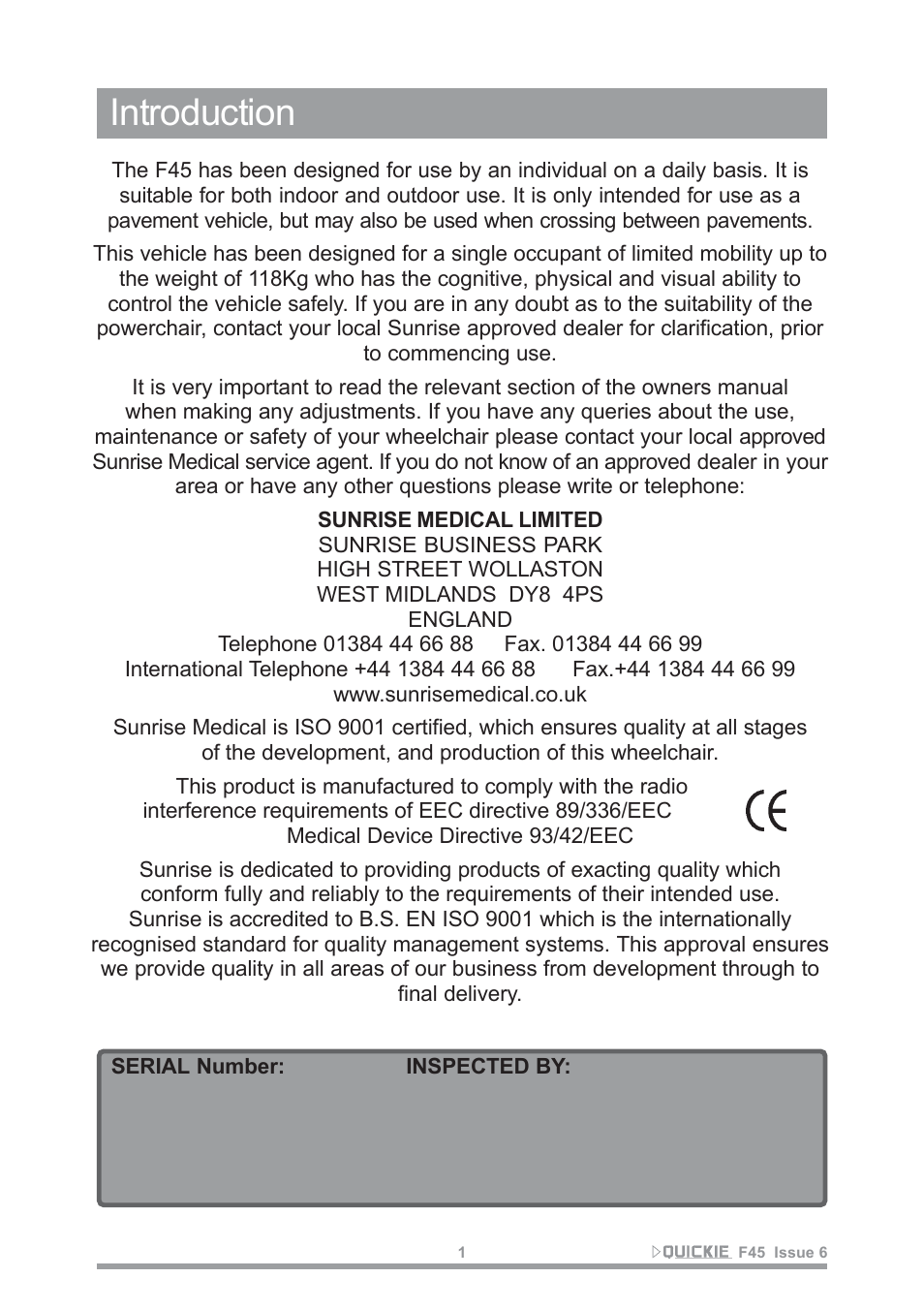 Introduction | Sunrise Medical F45 User Manual | Page 5 / 62