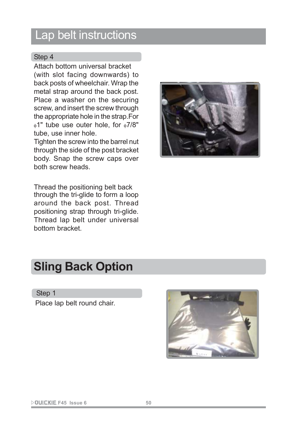 Lap belt instructions sling back option | Sunrise Medical F45 User Manual | Page 54 / 62