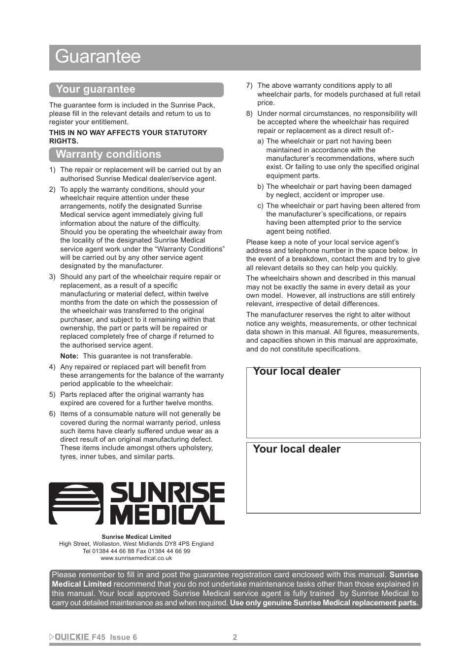 Guarantee, Your guarantee, Warranty conditions | Your local dealer | Sunrise Medical F45 User Manual | Page 6 / 62