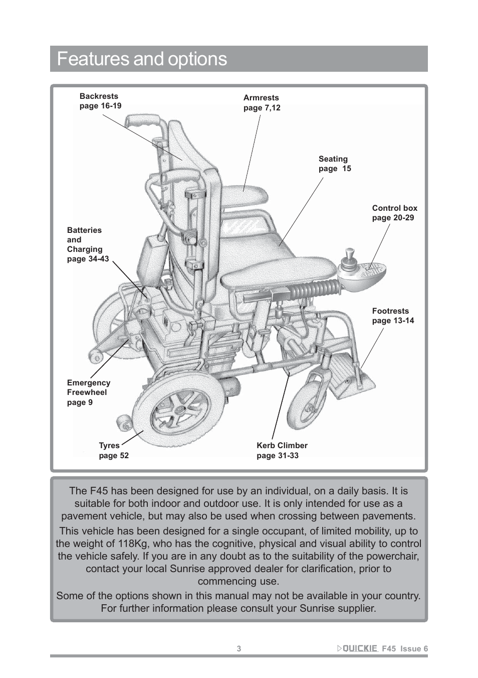Features and options | Sunrise Medical F45 User Manual | Page 7 / 62