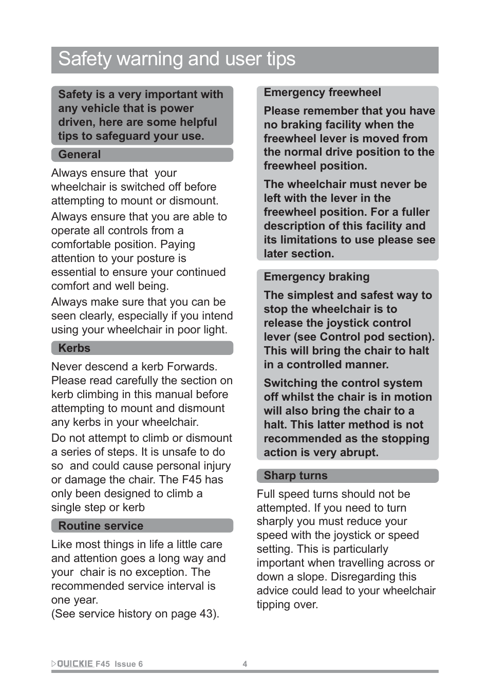 Safety warning and user tips | Sunrise Medical F45 User Manual | Page 8 / 62