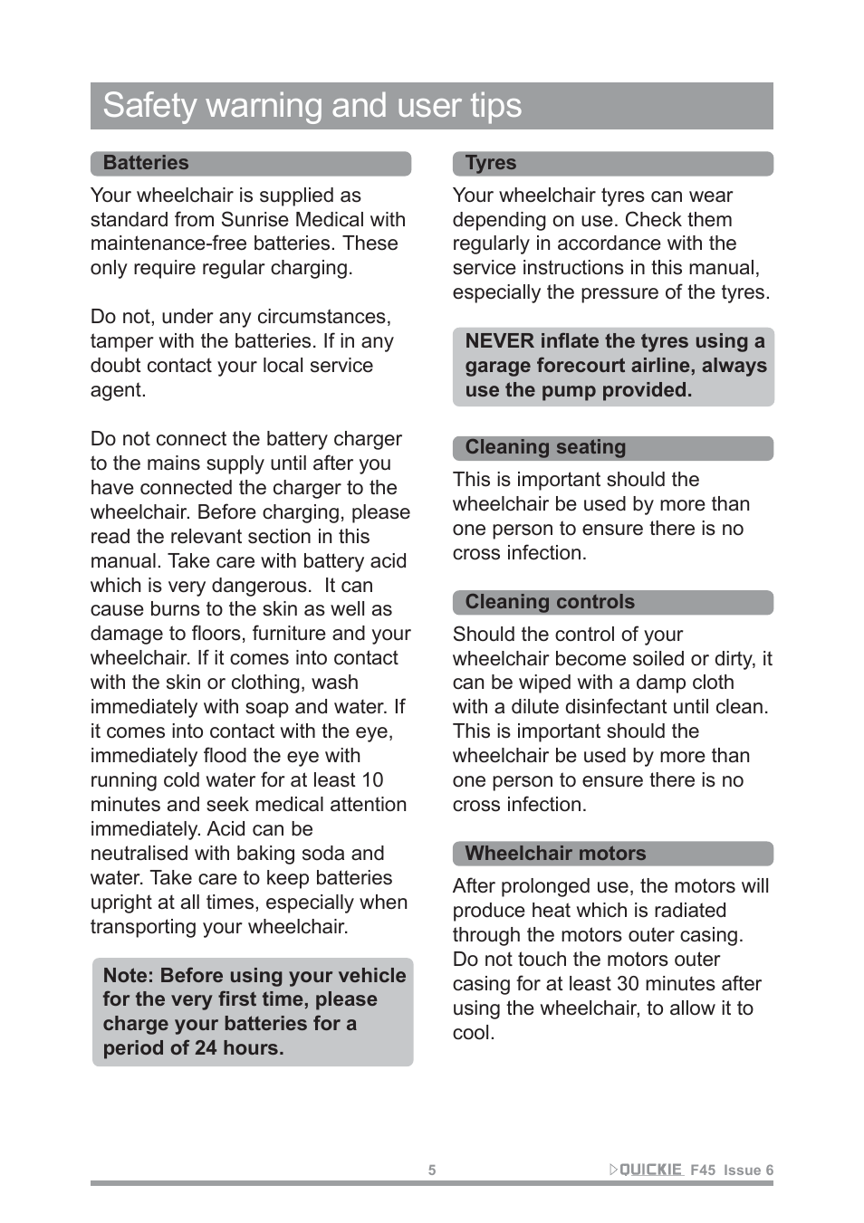 Safety warning and user tips | Sunrise Medical F45 User Manual | Page 9 / 62