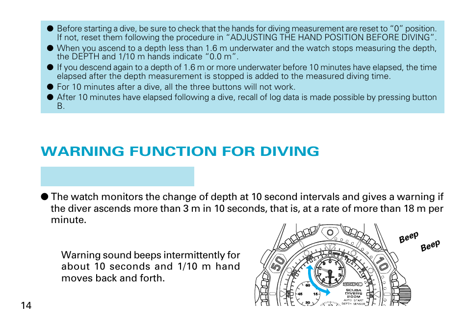 Warning function for diving, English | Seiko 7K52 User Manual | Page 14 / 32