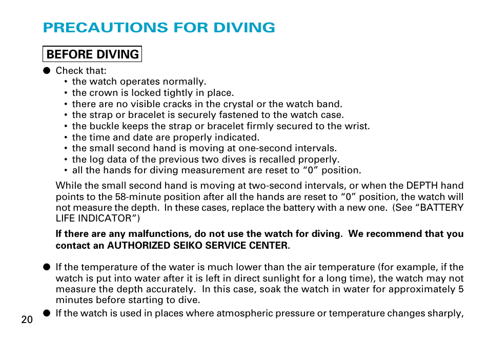 Precautions for diving | Seiko 7K52 User Manual | Page 20 / 32