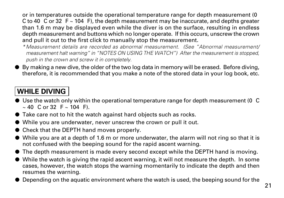 English, While diving | Seiko 7K52 User Manual | Page 21 / 32