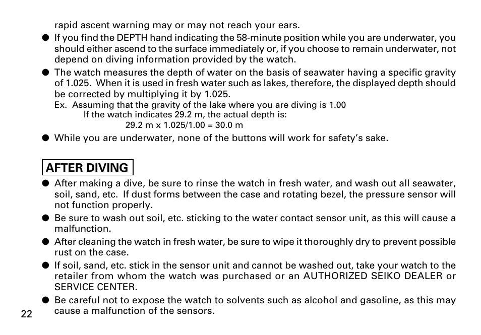 English, After diving | Seiko 7K52 User Manual | Page 22 / 32