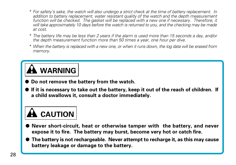 Warning, Caution | Seiko 7K52 User Manual | Page 28 / 32