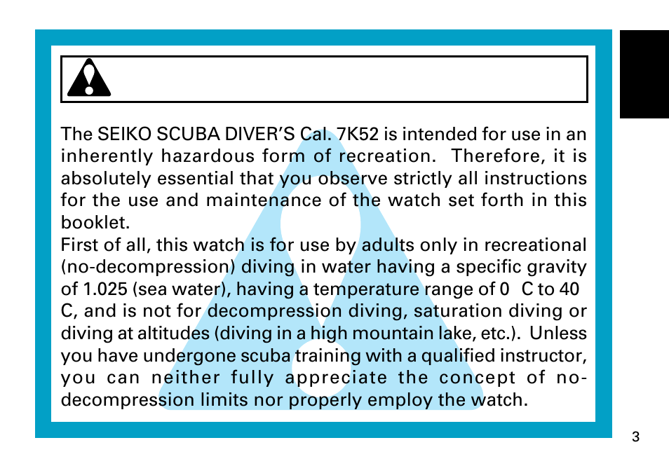 Caution | Seiko 7K52 User Manual | Page 3 / 32