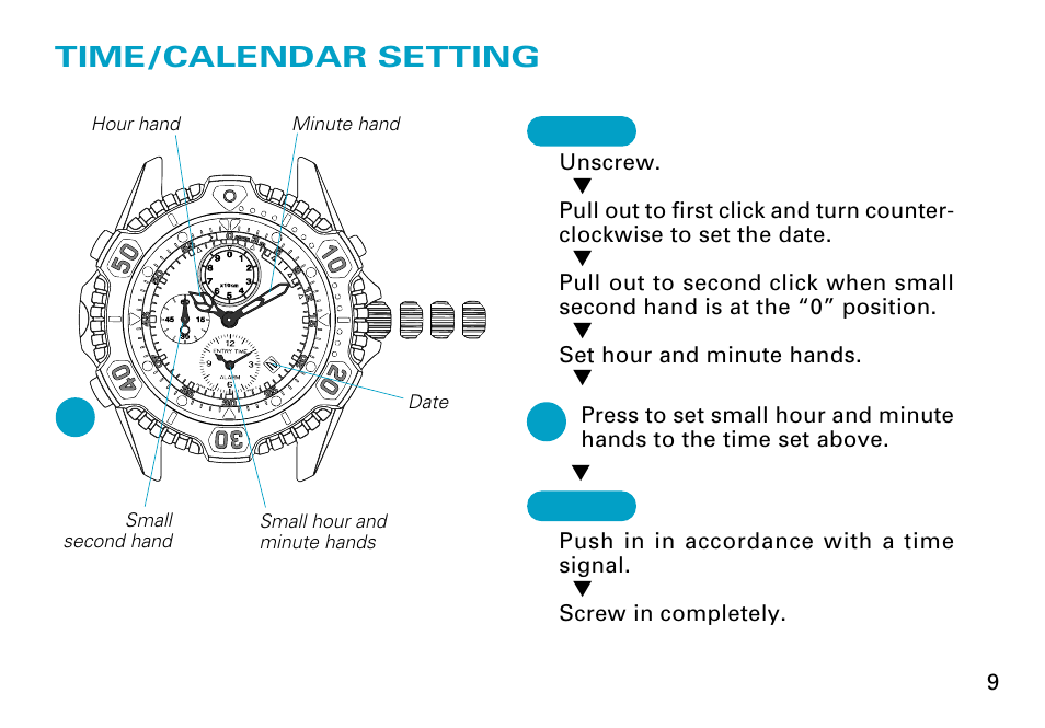 Time/calendar setting | Seiko 7K52 User Manual | Page 9 / 32