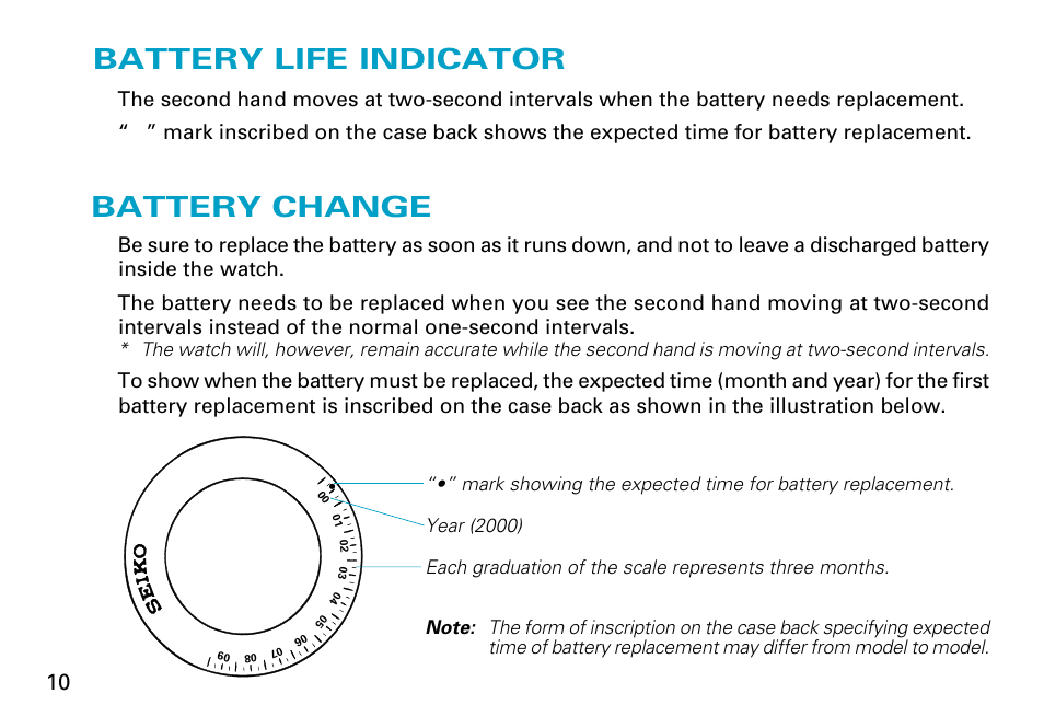 Battery life indicator, Battery change, English | Seiko 7C46 User Manual | Page 10 / 17