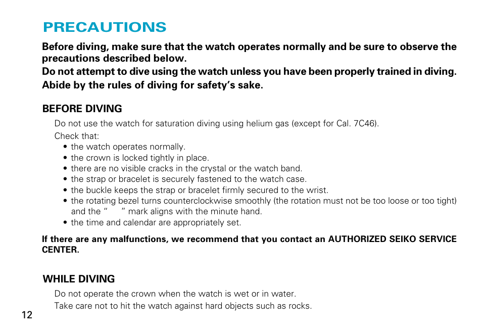 Precautions, English | Seiko 7C46 User Manual | Page 12 / 17