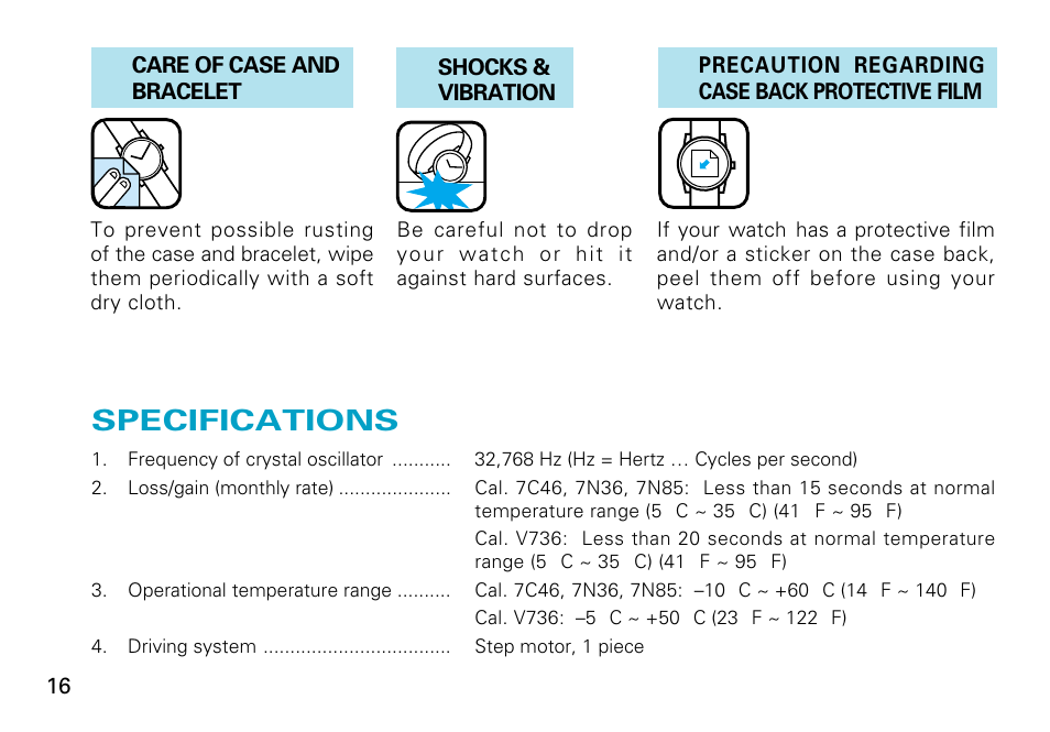 Specifications, English | Seiko 7C46 User Manual | Page 16 / 17