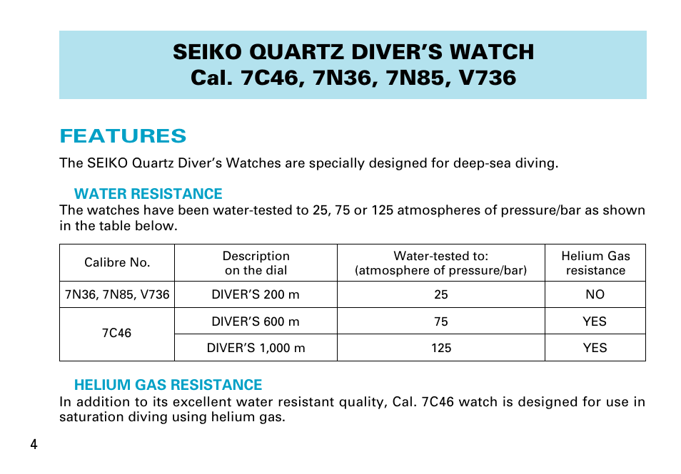 Features, English | Seiko 7C46 User Manual | Page 4 / 17