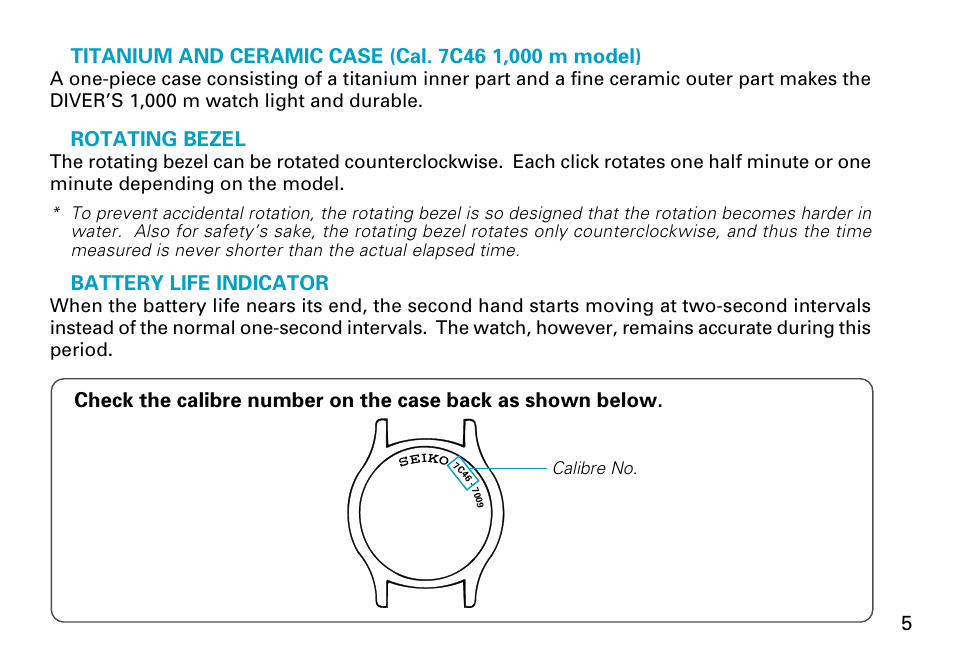 English, Rotating bezel, Battery life indicator | Seiko 7C46 User Manual | Page 5 / 17