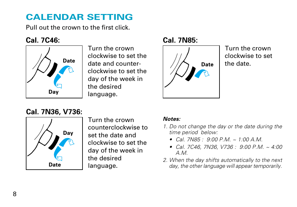 Calendar setting, English, Cal. 7c46 | Cal. 7n85 | Seiko 7C46 User Manual | Page 8 / 17