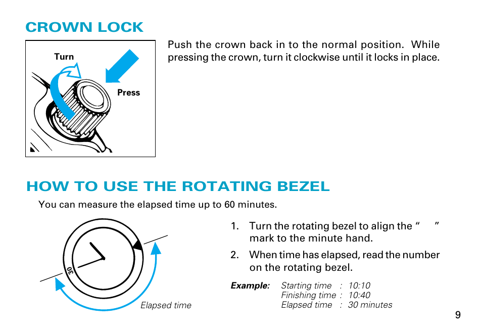 Crown lock, How to use the rotating bezel, English | Seiko 7C46 User Manual | Page 9 / 17