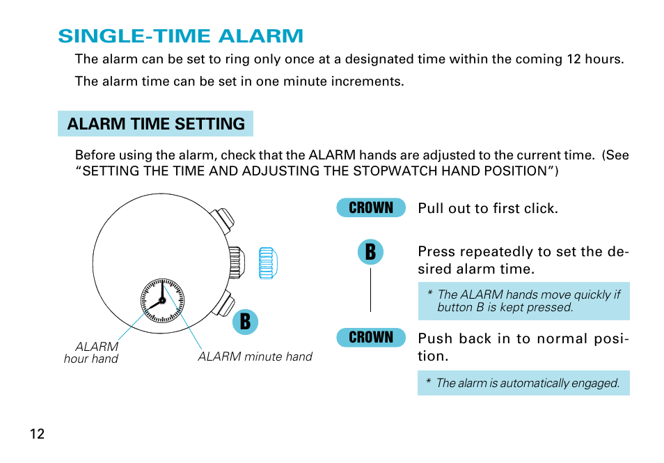 Single-time alarm | Seiko Cal.7T62 User Manual | Page 12 / 19