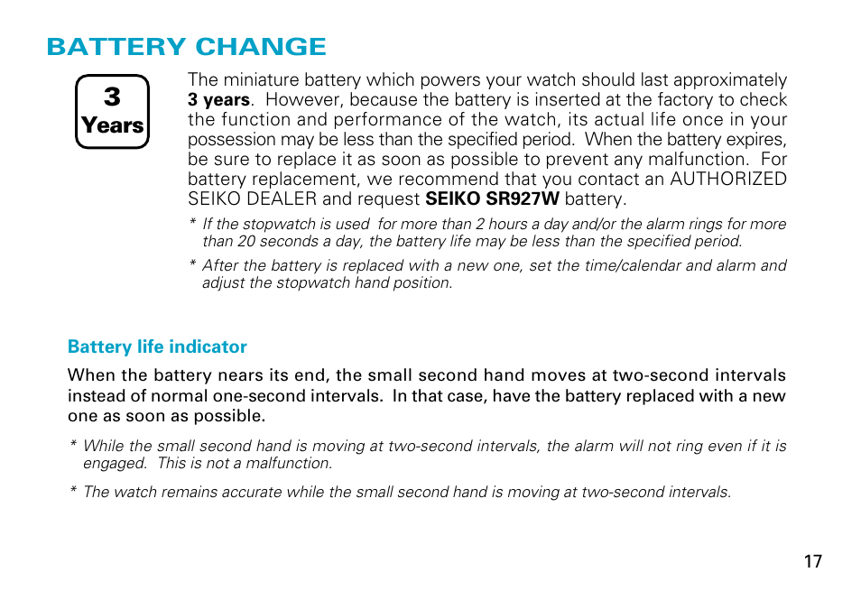 Battery change, Years | Seiko Cal.7T62 User Manual | Page 17 / 19