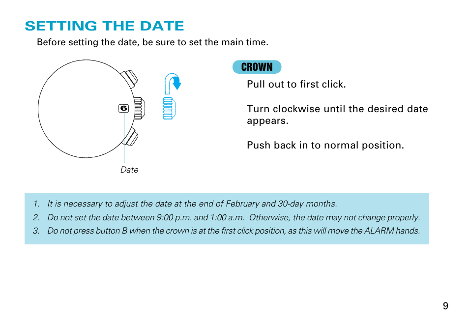 Setting the date | Seiko Cal.7T62 User Manual | Page 9 / 19