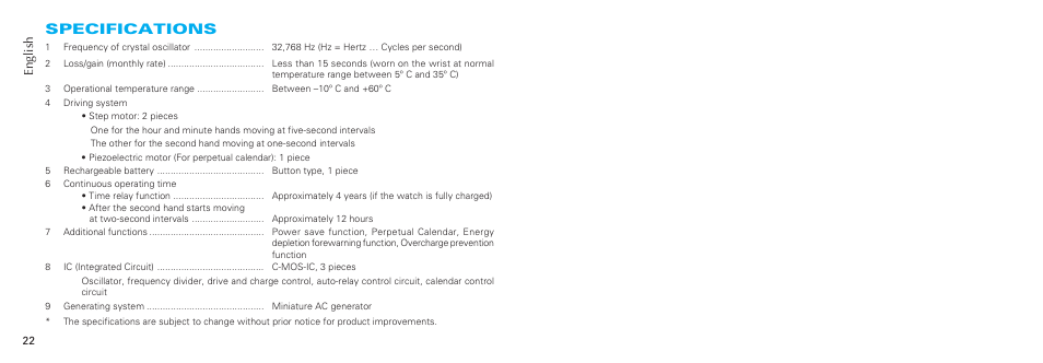 Specifications | Seiko 7D56 User Manual | Page 12 / 12
