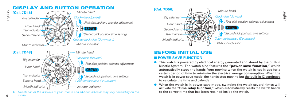 Display and button operation, Before initial use | Seiko 7D56 User Manual | Page 4 / 12