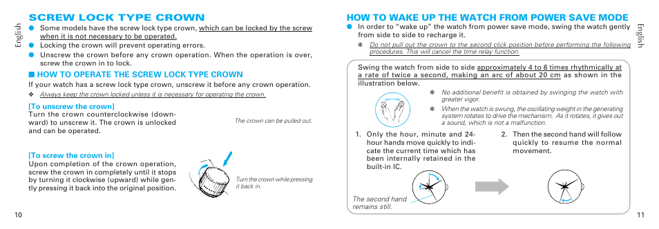 How to wake up the watch from power save mode, Screw lock type crown | Seiko 7D56 User Manual | Page 6 / 12