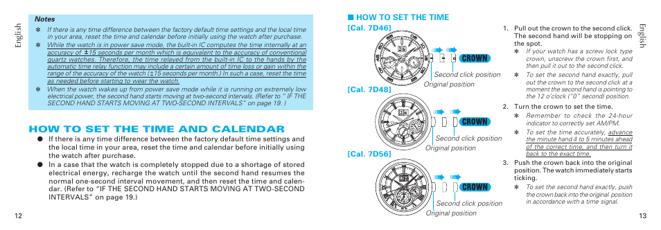 How to set the time and calendar | Seiko 7D56 User Manual | Page 7 / 12