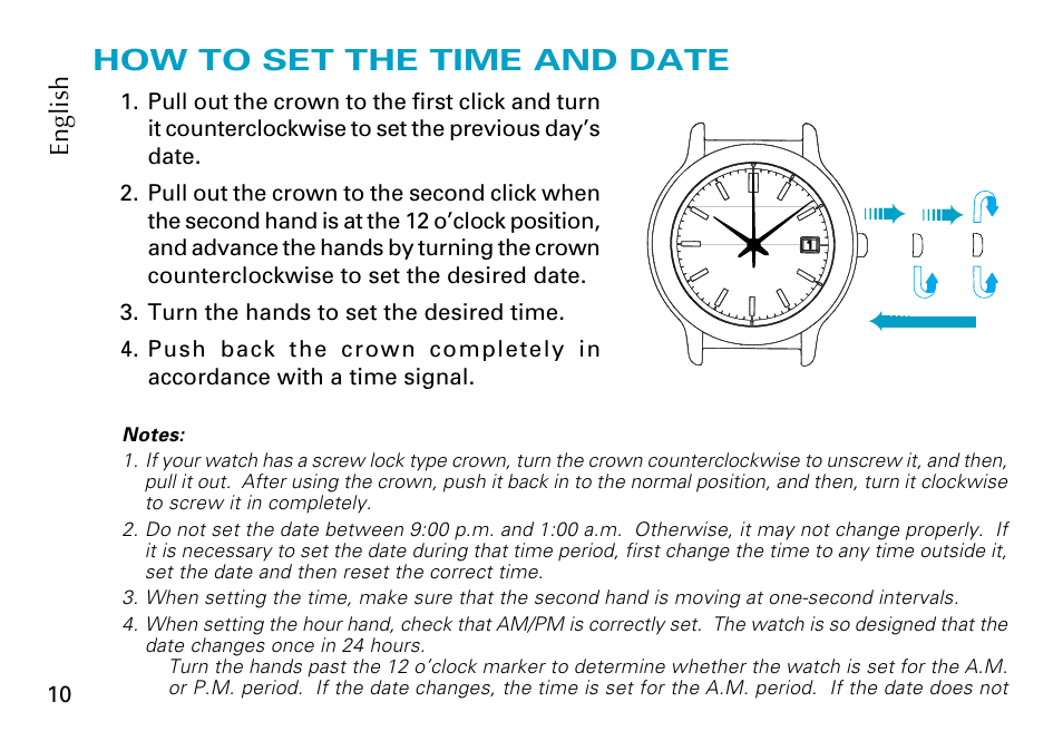 How to set the time and date | Seiko Cal. 5J22 5J32 User Manual | Page 10 / 16