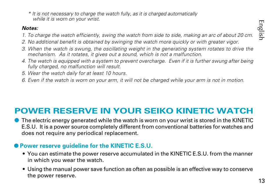 Power reserve in your seiko kinetic watch, English | Seiko Cal. 5J22 5J32 User Manual | Page 13 / 16