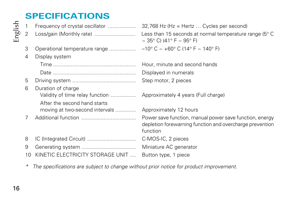 Specifications, English | Seiko Cal. 5J22 5J32 User Manual | Page 16 / 16