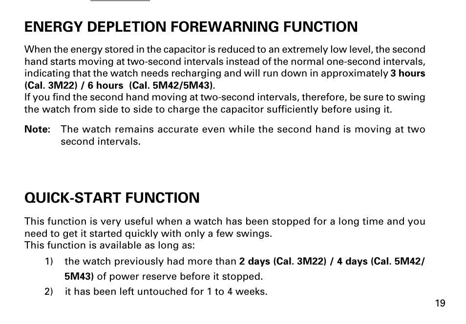 Energy depletion forewarning function, Quick-start function | Seiko KINETIC 5M43 User Manual | Page 19 / 28