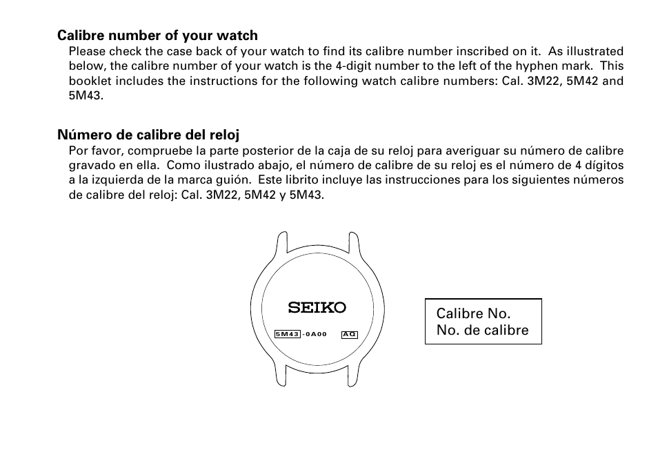 Calibre number of your watch, Número de calibre del reloj, Calibre no. no. de calibre | Seiko KINETIC 5M43 User Manual | Page 2 / 28