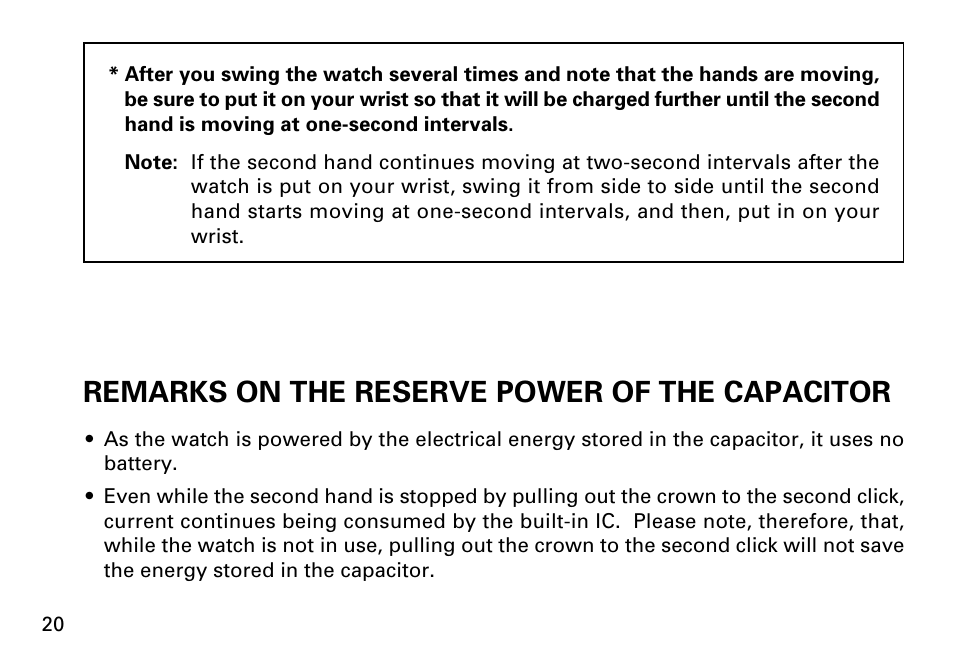 Remarks on the reserve power of the capacitor | Seiko KINETIC 5M43 User Manual | Page 20 / 28