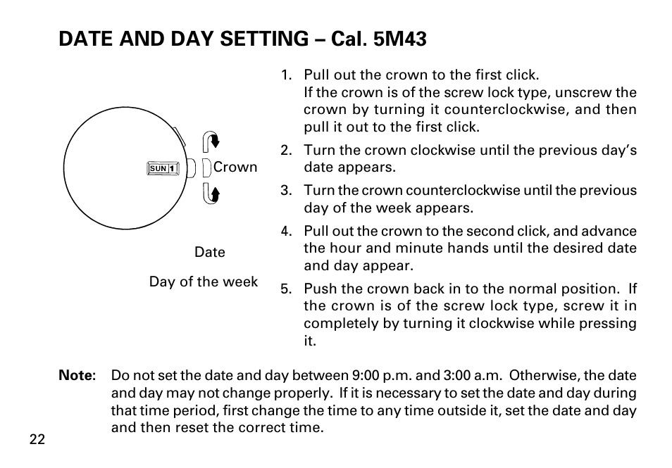 Date and day setting – cal. 5m43 | Seiko KINETIC 5M43 User Manual | Page 22 / 28