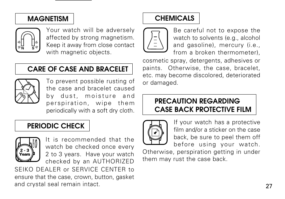 English ■ chemicals, Magnetism, Care of case and bracelet | Precaution regarding case back protective film, Periodic check | Seiko KINETIC 5M43 User Manual | Page 27 / 28