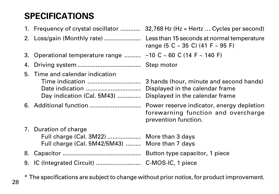 Specifications | Seiko KINETIC 5M43 User Manual | Page 28 / 28