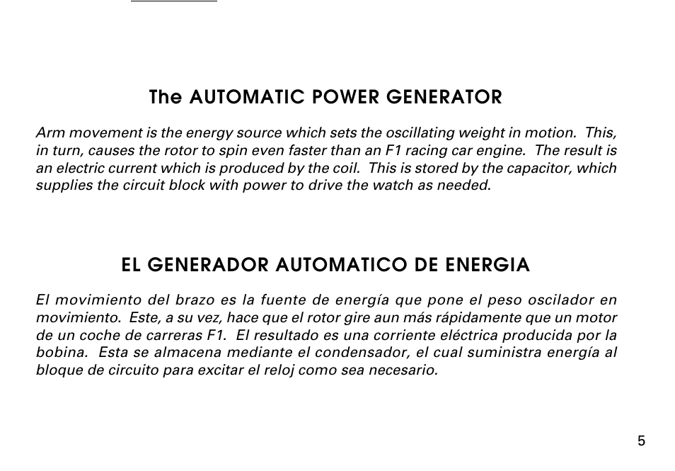 The automatic power generator, El generador automatico de energia | Seiko KINETIC 5M43 User Manual | Page 5 / 28