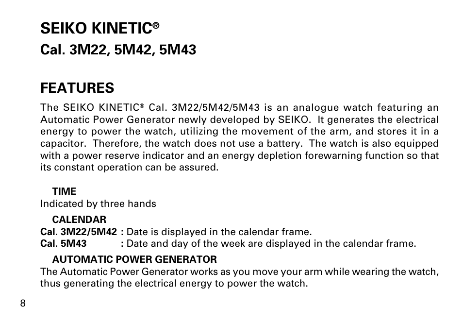 Seiko kinetic | Seiko KINETIC 5M43 User Manual | Page 8 / 28