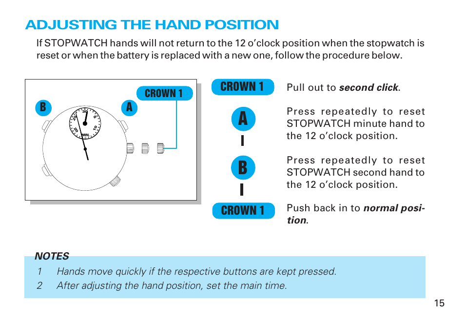 Adjusting the hand position | Seiko Y182 User Manual | Page 15 / 18