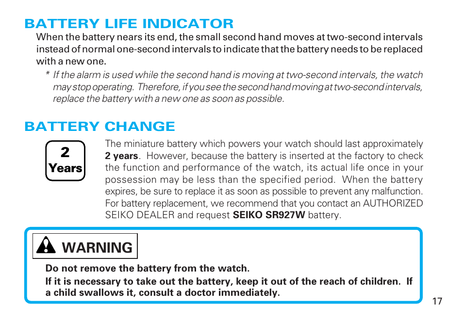 Battery life indicator, Battery change, Warning | Seiko Y182 User Manual | Page 17 / 18