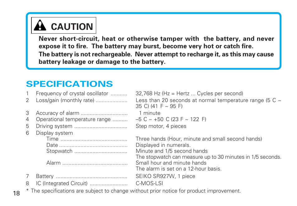 Specifications, Caution, English | Seiko Y182 User Manual | Page 18 / 18