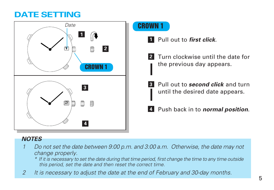 Date setting | Seiko Y182 User Manual | Page 5 / 18