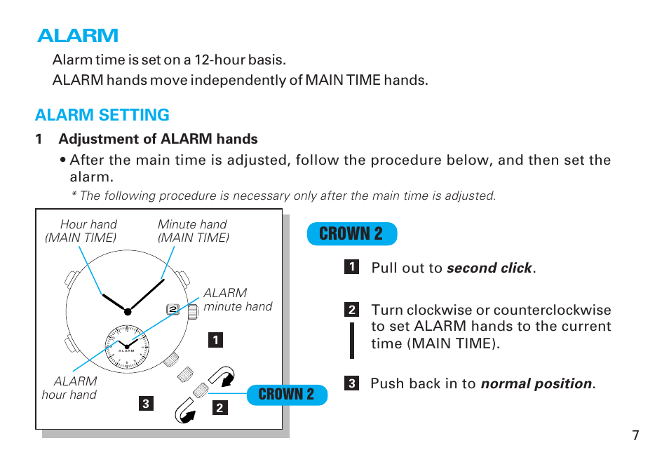 Alarm, English, Alarm setting | Crown 2, 1adjustment of alarm hands | Seiko Y182 User Manual | Page 7 / 18