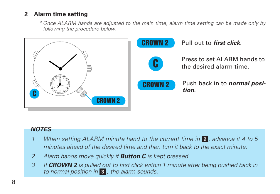 English, Crown 2, Crown 2 c | The alarm sounds | Seiko Y182 User Manual | Page 8 / 18